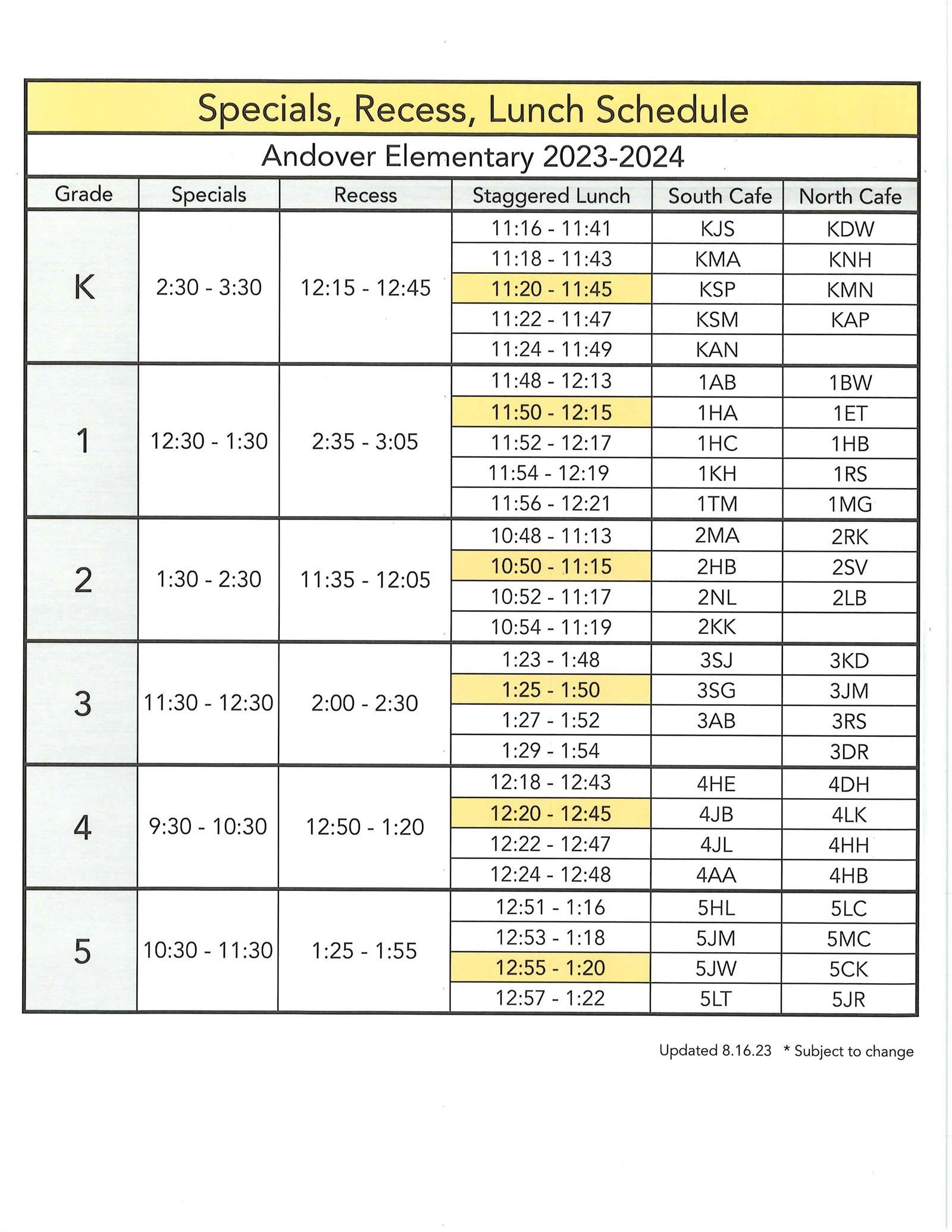 Andover Elementary 2023-24 Specials, Recess, Lunch Schedule